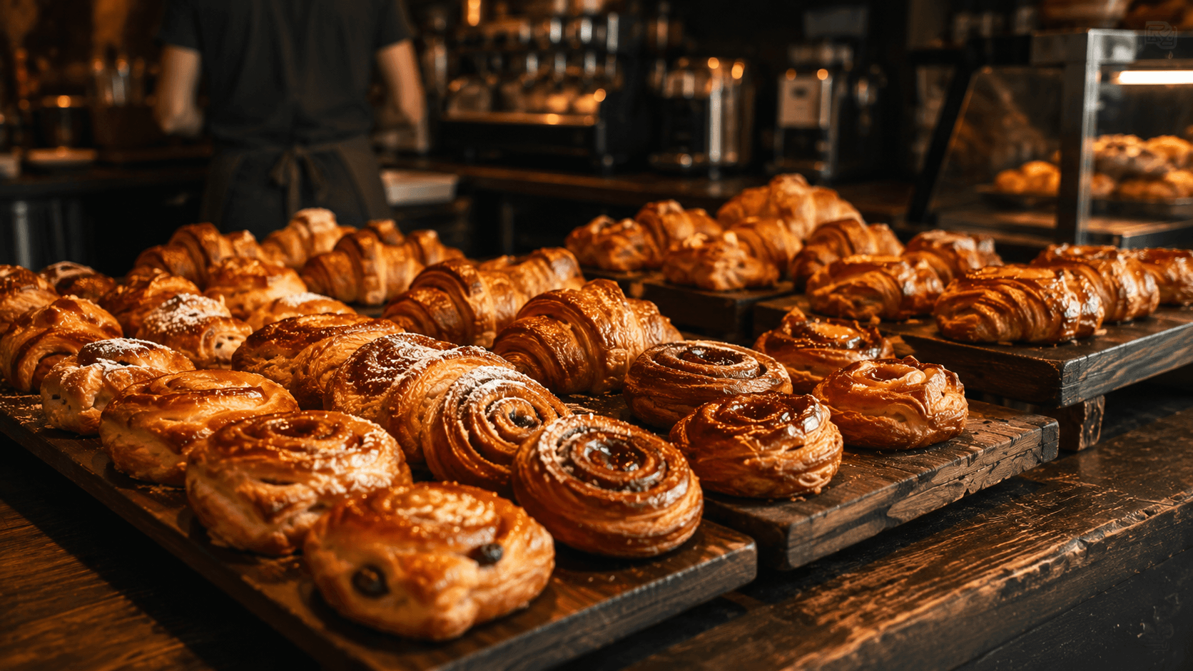 Moody bakery counter with pastries